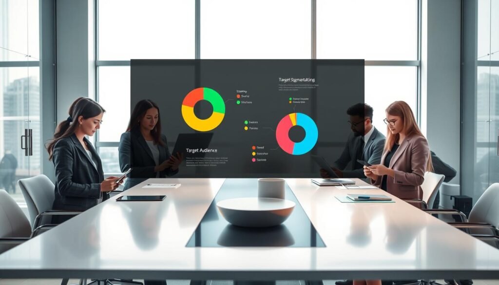 A professional office environment showcasing "target audience segmentation" through abstract geometric designs. In the foreground, a diverse group of business professionals in smart attire are collaborating around a sleek, modern table, analyzing data on digital tablets and laptops. In the middle, vibrant pie charts and infographics float above the table, illustrating different customer personas with colorful segments. The background features a large window with natural light illuminating the space, adding a bright and optimistic atmosphere. The overall tone is professional, sophisticated, and focused on teamwork and analysis, reflecting a clear understanding of customer insights and segmentation. The composition is clean and minimalist, highlighting the importance of data in customer analysis.