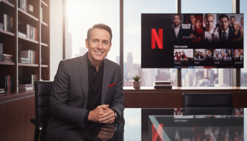 A professional portrait of Reed Hastings, the co-founder of Netflix, in a modern office setting. In the foreground, depict Hastings seated at a sleek glass desk, wearing smart business attire, exuding a confident and approachable demeanor. The middle layer features a large window behind him, allowing natural light to flood the space, illuminating bookshelves filled with tech and leadership literature. In the background, add subtle elements of technology, such as a large screen displaying Netflix's logo and streaming content, symbolizing innovation and leadership in the entertainment industry. The atmosphere should be inspiring and dynamic, with a cinematic quality, highlighting the colors of reds and blacks associated with Netflix branding. Use soft focus to enhance depth of field, creating a sense of professionalism and creativity.