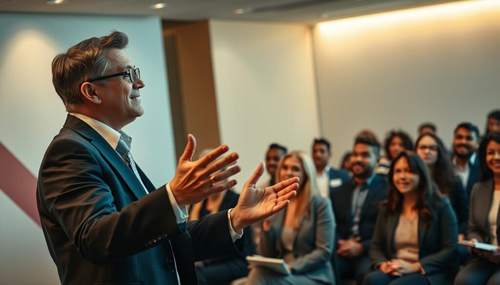 A professional setting featuring a confident businessperson in a smart outfit, passionately engaging an audience with a compelling story. In the foreground, highlight the individual using expressive gestures. In the middle, depict an attentive audience captivated by the narrative, their expressions reflecting a range of emotions from joy to contemplation. The background should include a minimalist corporate environment with abstract geometric shapes and subtle branding elements. Use warm, inviting lighting to create an atmosphere of connection and positivity. The angle should be slightly upward, emphasizing the speaker’s confidence while enhancing the dynamic feel of the scene. The mood should convey the power of storytelling and emotional management in content marketing, fostering growth and connection.