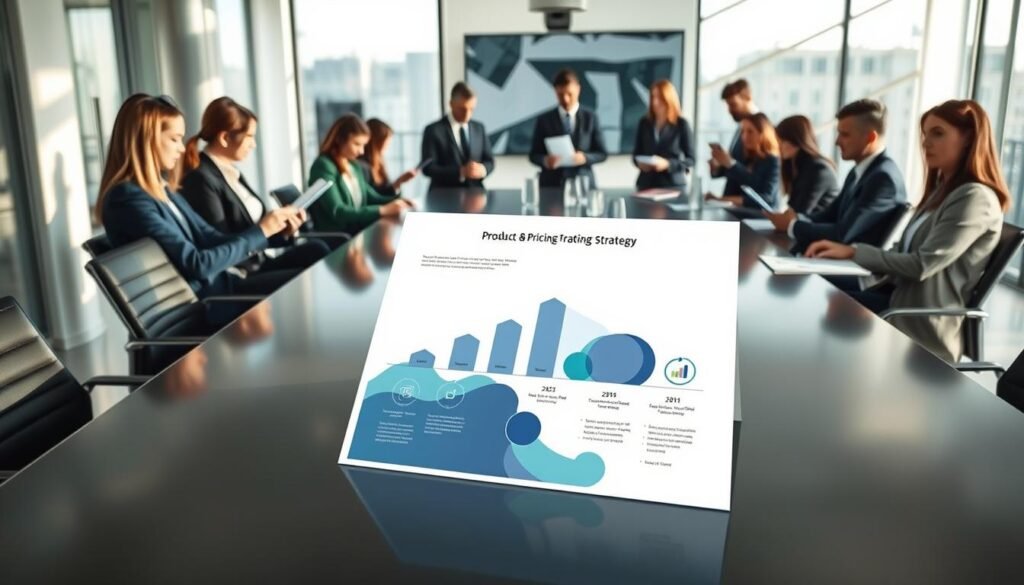 A professional workspace featuring a visually striking "Product Pricing Marketing Strategy Plan" displayed prominently on a sleek conference table. In the foreground, a minimalist design showcases abstract geometric shapes symbolizing various aspects of pricing and marketing strategy. In the middle ground, a diverse group of professionals in business attire engage in discussion, analyzing graphs and data on digital devices. The background includes a modern office setting with large windows that let in soft, natural light, casting elegant shadows. The atmosphere is focused and collaborative, reflecting a dynamic environment of strategic planning. The color palette is a mix of corporate blues and greens, conveying professionalism and innovation. High quality, sharp details, with a slight depth of field to emphasize the foreground elements.