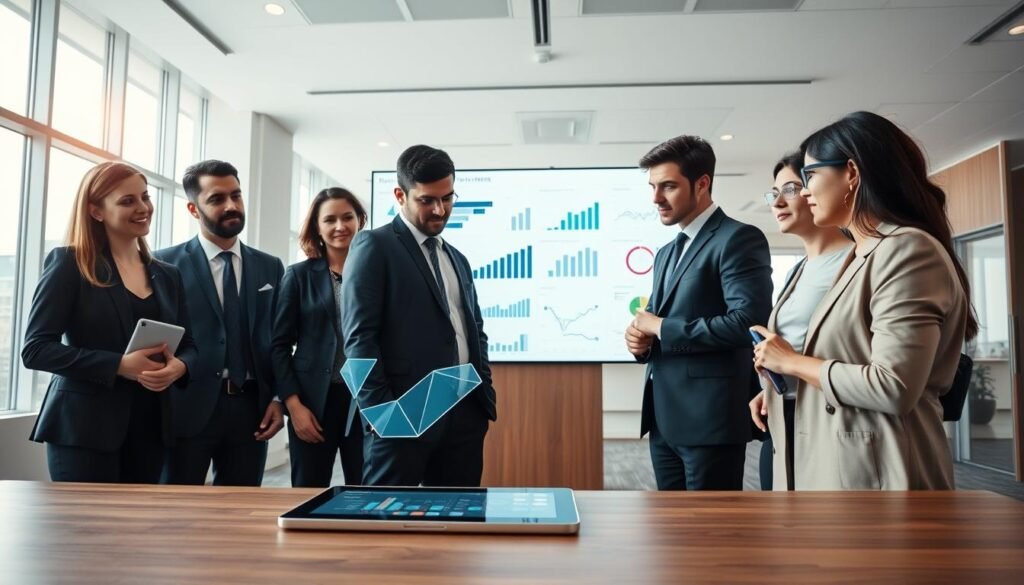 A sleek and modern corporate environment depicting brand awareness measurement methods. In the foreground, a diverse group of professionals in business attire engages in a brainstorming session over a digital tablet displaying abstract geometric shapes symbolizing data analytics. In the middle, a large screen showcases various brand awareness metrics, represented through minimalist graphs and charts. The background features a bright, well-lit office space with large windows, allowing natural light to create a warm and inviting atmosphere. The overall mood is focused and innovative, highlighting the importance of understanding brand awareness in a corporate strategy. Use a high-quality, cinematic angle to emphasize collaboration and professionalism in this context.