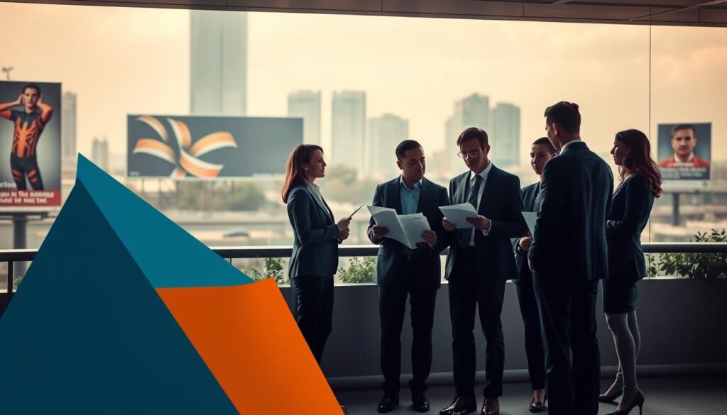 A sleek and professional corporate scene illustrating the risks of guerrilla marketing. In the foreground, an abstract arrangement of minimalist geometric shapes representing strategies and dangers, colored in a palette of deep blues and vibrant oranges. In the middle ground, a group of diverse professionals in business attire engaged in a discussion, examining marketing plans and brainstorming ideas. In the background, an urban landscape shows billboards and unconventional marketing tactics, subtly suggesting both creativity and potential pitfalls. Soft, diffused lighting casts a warm glow over the scene, creating a contrast between the engaging atmosphere and the seriousness of the subject. The composition captures a balance between innovation and caution, evoking a thoughtful mood. No text or logos present. A sleek and professional corporate scene illustrating the risks of guerrilla marketing. In the foreground, an abstract arrangement of minimalist geometric shapes representing strategies and dangers, colored in a palette of deep blues and vibrant oranges. In the middle ground, a group of diverse professionals in business attire engaged in a discussion, examining marketing plans and brainstorming ideas. In the background, an urban landscape shows billboards and unconventional marketing tactics, subtly suggesting both creativity and potential pitfalls. Soft, diffused lighting casts a warm glow over the scene, creating a contrast between the engaging atmosphere and the seriousness of the subject. The composition captures a balance between innovation and caution, evoking a thoughtful mood. No text or logos present.