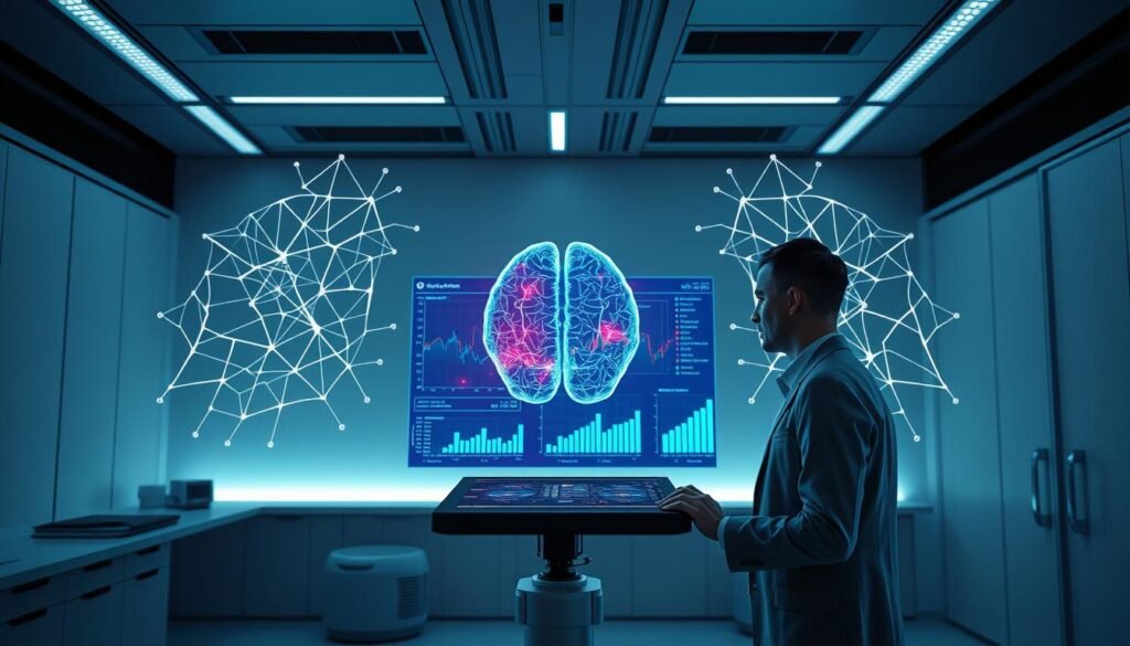 A sleek and professional laboratory setting, focusing on advanced neuroscience techniques for marketing analysis. In the foreground, a researcher in a smart, professional outfit operates an advanced brain imaging device, surrounded by abstract geometric shapes representing neural pathways, created with minimalist design elements. In the middle, a digital interface displays vibrant data points and graphs, indicating brain activity in response to marketing stimuli. The background features clean lines and soft, ambient lighting to emphasize a futuristic atmosphere, with hues of blue and green to evoke a sense of innovation and exploration in neuro-marketing. The image should convey the depth and complexity of neuroscience techniques in a captivating yet professional manner. A sleek and professional laboratory setting, focusing on advanced neuroscience techniques for marketing analysis. In the foreground, a researcher in a smart, professional outfit operates an advanced brain imaging device, surrounded by abstract geometric shapes representing neural pathways, created with minimalist design elements. In the middle, a digital interface displays vibrant data points and graphs, indicating brain activity in response to marketing stimuli. The background features clean lines and soft, ambient lighting to emphasize a futuristic atmosphere, with hues of blue and green to evoke a sense of innovation and exploration in neuro-marketing. The image should convey the depth and complexity of neuroscience techniques in a captivating yet professional manner.
