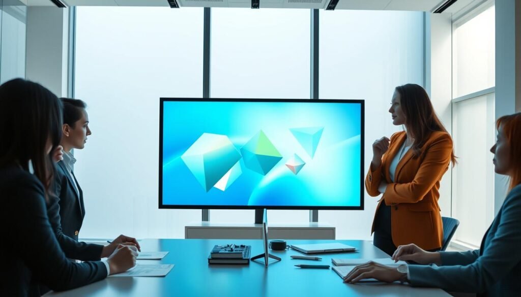 A sleek, minimalist workspace showcasing an inspiring brand story communication. In the foreground, a diverse group of three professionals in business attire, engaged in a creative brainstorming session, with sketches and notes scattered on a modern table. The middle layer features a large digital screen displaying abstract geometric shapes that represent brand identity concepts, illuminated in soft blues and warm greens, conveying innovation and clarity. In the background, large windows allow natural light to flood the room, enhancing the vibrant atmosphere. The overall mood is collaborative and forward-thinking, emphasizing the importance of effective brand storytelling and communication in a corporate setting.