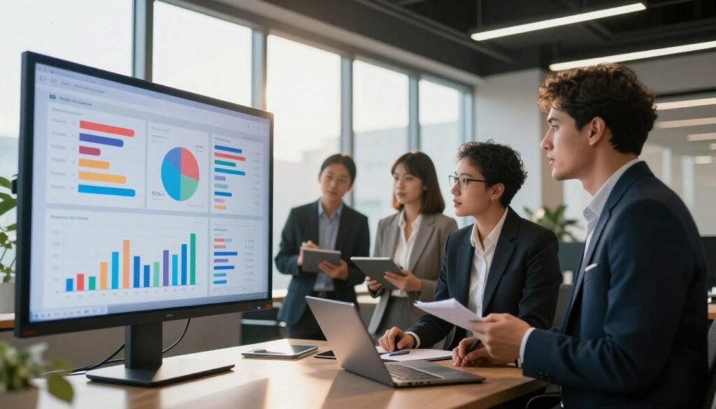 A sleek modern office environment showcasing a competitive analysis of social media statistics. In the foreground, a large digital screen displaying colorful graphs and charts, illustrating various metrics related to competitor performance on social media. In the middle ground, a group of diverse professionals in business attire are engaged in discussion, closely examining the data on the screen, with laptops and notepads in hand. The background features large windows allowing natural light to stream in, casting a warm glow over the scene. The atmosphere is focused and collaborative, reflecting strategic planning. The overall mood should convey a sense of innovation and professionalism, emphasizing the importance of analyzing competitor insights for strategic advantage.
