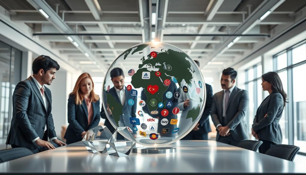 A sophisticated corporate branding concept illustrating the balance between standardization and localization in global marketing. In the foreground, a diverse group of professionals in business attire collaborate over a sleek table, examining abstract geometric shapes that represent brands' global and local aspects. The middle layer features a transparent globe showcasing various cultural symbols and logos blended harmoniously, representing local identities. The background contains a minimalistic office space with modern aesthetics and large windows letting in soft, natural light, creating a bright and inviting atmosphere. The mood is dynamic yet professional, emphasizing innovation and collaboration in a global marketplace. The image has a clean, minimalist design with a high-quality finish to resonate with a corporate theme.