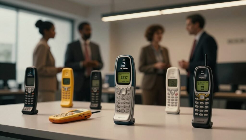 A striking, cinematic depiction of vintage Nokia and Ericsson mobile phone models set in a sleek, modern workspace. In the foreground, showcase prominent early models like the Nokia 3210 and Ericsson GH 337, intricately detailed with vibrant colors and textures that highlight their unique designs. The middle ground features blurred silhouettes of professional individuals in modest business attire engaged in conversation, representing the cultural shift these devices brought. In the background, a soft-focus depiction of an office with minimalist furniture and ambient lighting enhances the atmosphere, creating a balance of nostalgia and innovation. Utilize a warm color palette with strong contrasts to evoke a sense of progress and excitement in mobile technology. The image should be well-lit, capturing reflections and textures for added depth, presented at a slight angle to emphasize the products prominently.
