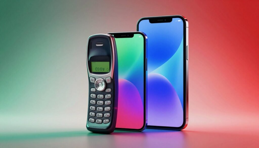 A striking visual representation of the evolution of mobile phones, showcasing a transition from a classic keypad phone to a modern smartphone. In the foreground, prominently display a vintage keypad phone with physical buttons, highlighting its textured surface and retro design. Gradually, blend in a sleek, modern smartphone with a vibrant, edge-to-edge display in the middle ground, emphasizing its touchscreen interface and high-tech features. The background should consist of a gradient that transitions from retro colors like muted greens and blues to bold, contemporary hues like vibrant reds and whites. The lighting is soft yet focused, casting subtle shadows to enhance depth, while a slight lens flare adds a touch of cinematic beauty. The overall mood is nostalgic yet forward-looking, reflecting the synergy between past and future technologies.