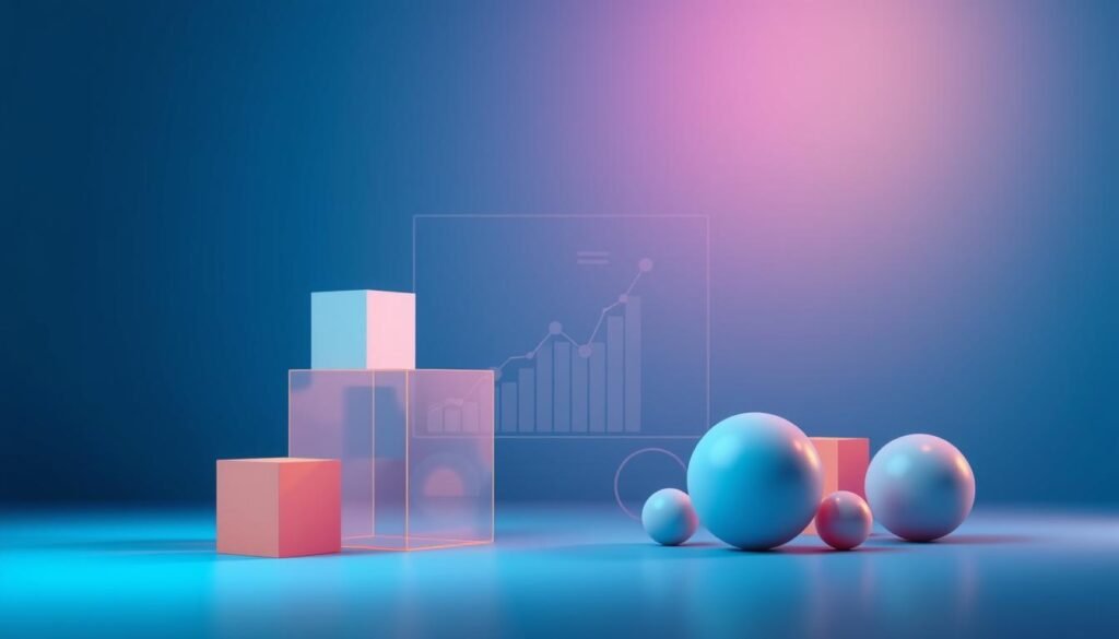 A vibrant and dynamic abstract representation of an original content strategy and data analytics concept. In the foreground, minimal 3D geometric shapes like cubes and spheres interlock, symbolizing the integration of data and creativity. The middle layer features subtle visual elements like graphs and charts merging seamlessly with the shapes, illustrating the analytics aspect. The background is a smooth gradient of deep blue and turquoise, creating a high-tech atmosphere. Soft, professional studio lighting casts gentle highlights and shadows, enhancing the geometric forms. The overall mood is innovative and inspiring, emphasizing the importance of originality in content strategy. Shot in high resolution, 8k quality with a clean, modern aesthetic. No text or watermarks present.