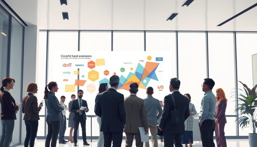 A vibrant and professional illustration showcasing the concept of brand extension in Turkey. In the foreground, display a diverse group of business professionals in modern attire, engaged in a creative brainstorming session, examining a colorful chart depicting successful brand extensions. In the middle ground, abstract geometric shapes symbolizing various brands and their successful extensions intertwine, representing innovation and growth. The background features a sleek office environment with large windows allowing natural light to illuminate the space, creating an inspiring atmosphere. Soft, diffused lighting and a slightly elevated angle provide depth, while maintaining a clean minimalist design that emphasizes professionalism and creativity. The overall mood should be optimistic and forward-thinking, reflecting the success of brand extensions in Turkey.