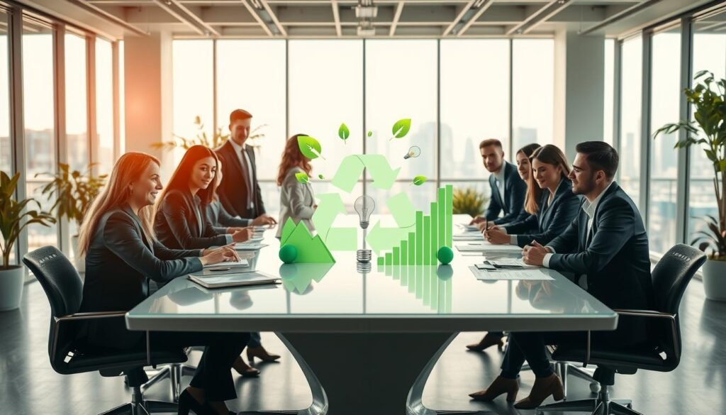 A vibrant and professional image representing the advantages of green marketing for businesses. In the foreground, depict a diverse group of professionals in business attire, engaged in a brainstorming session around a sleek, modern conference table filled with eco-friendly materials. In the middle, showcase abstract geometric shapes symbolizing sustainability, such as leaves, recycling symbols, and light bulbs, intermingled with graphs and charts indicating growth. The background should feature a bright, airy office space with large windows letting in natural light, greenery incorporated into the decor, and a subtle view of a city skyline. The mood should be optimistic and innovative, reflecting forward-thinking sustainable strategies, with a clean and minimalist aesthetic. Focus on warm lighting to create a welcoming atmosphere.