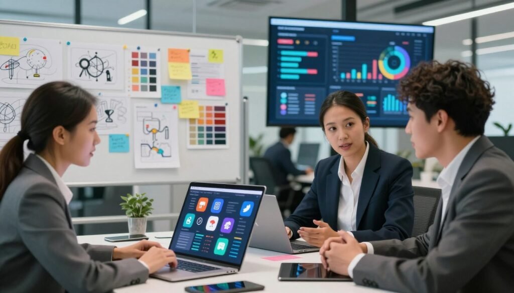 A vibrant, modern office setting showcasing the advantages of social media platforms. In the foreground, a diverse group of three professionals, dressed in smart business attire, engaged in a dynamic discussion around a digital table displaying various social media icons and analytics. The middle ground features colorful design sketches and color palettes pinned to a collaborative wall, emphasizing creativity and innovation. In the background, large digital screens illustrate positive metrics and user engagement graphs. The lighting is bright and inviting, creating an energizing atmosphere that reflects productivity and teamwork. Soft-focus elements add depth, while the overall composition conveys a sense of advancement and opportunity in social media management.