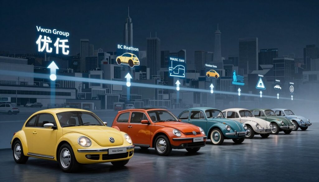 A visually compelling timeline illustrating the historical development of the Volkswagen Group. In the foreground, feature iconic Volkswagen models like the Beetle and Golf, showcasing their evolution in design over the decades. The middle layer presents key milestones and strategic moves, symbolized by sleek arrows and modern infographics, leading the viewer’s eye through the timeline. In the background, a subtle landscape of automotive factories and cityscapes represents innovation and growth. Use dynamic lighting to create contrast, with soft glows emanating from the cars and highlights on the infographics. The atmosphere should evoke a sense of progress and legacy, with rich colors emphasizing the brand's prominence in the automotive industry. Compositionally, adopt a slight diagonal angle to enhance visual interest and depth.