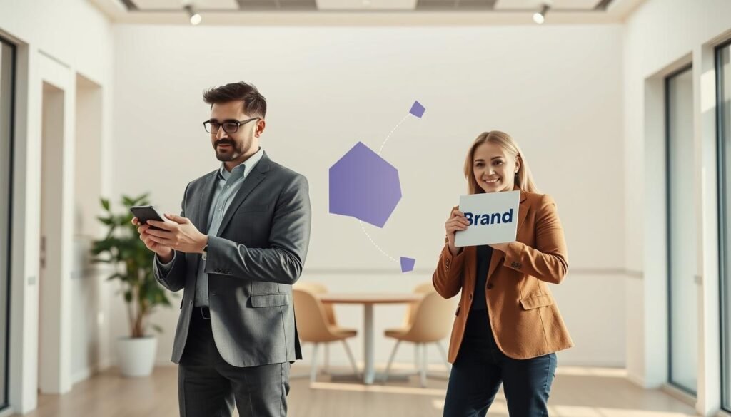 A visually engaging representation of the differences between influencer marketing and brand ambassadorship. In the foreground, two professional figures in smart casual business attire, one representing influencer marketing with a digital device, and the other depicting brand ambassadorship holding a brand logo. In the middle ground, abstract geometric shapes symbolize the core concepts of both marketing strategies, with flowing lines connecting them, showing their relationship. The background features a minimalist corporate office space, bathed in soft, natural lighting that creates a warm and inviting atmosphere. Use a wide-angle lens to capture the essence of collaboration and professionalism, lending an air of innovation and connection between the two subjects, while ensuring a clean, polished look without any text or distractions.