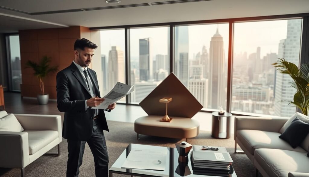 A visually striking composition centered around luxury brand management, featuring a minimalist office space with sleek, modern furniture. In the foreground, a confident professional in business attire reviews brand strategy documents, embodying sophistication and expertise. The middle ground showcases abstract geometric shapes and high-quality brand materials, symbolizing premium perception. In the background, large windows reveal a bustling cityscape, conveying ambition and opportunity. Soft, diffused lighting creates an elegant, inviting atmosphere, while warm tones emphasize professionalism and collaboration. The image should encapsulate the essence of luxury branding in a corporate environment, reflecting careful management and strategic vision without any text or distractions.