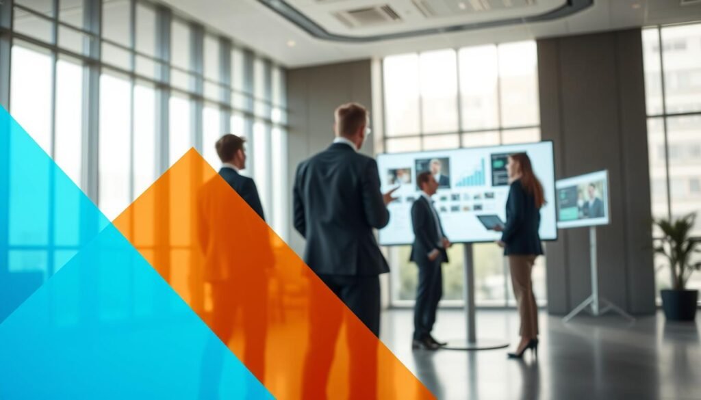 A visually striking corporate branding scene illustrating "advertising forms campaign management" within a minimalist design context. In the foreground, an abstract geometric shape representing video marketing strategies, using vibrant colors like blue and orange for modernity. In the middle ground, a professional business team, dressed in smart attire, engages in a discussion around digital screens showcasing analytics and campaign performance, exuding teamwork and focus. The background features soft-focus office architecture with large windows allowing natural light to flood in, enhancing the atmosphere of innovation and collaboration. The overall mood is dynamic and inspiring, emphasizing effective application and conversion optimization in video marketing strategies.