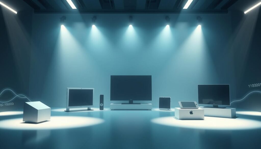 A visually striking interpretation of "streaming technology" in a futuristic corporate setting. In the foreground, minimal 3D geometric shapes represent data flow and connectivity, illuminated by sleek studio lighting to create a dynamic, high-tech atmosphere. In the middle ground, abstract representations of streaming devices like smart TVs and tablets are harmoniously integrated. The background features a soft gradient of blue and gray tones, symbolizing the digital realm, with subtle hints of binary code flowing through the air. The overall mood is innovative and inspiring, reflecting the transformative power of technology in entertainment. The image should be crisp and clean, rendered in 8k resolution for a professional finish. No text or branding.