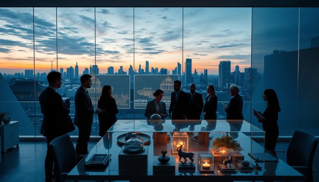 A visually striking representation of "Historical Cultural Transformation" showcasing a blend of minimalistic design and abstract geometric shapes. In the foreground, incorporate a modern office space with a diverse group of professionals in business attire, engaged in a dynamic discussion around a table adorned with cultural artifacts. The middle ground features a series of translucent screens displaying historical milestones of culture and society, illuminated with soft, warm lighting that symbolizes evolution and progress. The background reveals a city skyline, merging traditional architecture with contemporary structures, under a twilight sky that casts a serene, reflective mood. Use a wide-angle lens perspective to create depth, while ensuring the overall atmosphere conveys a sense of growth, innovation, and cultural continuity.