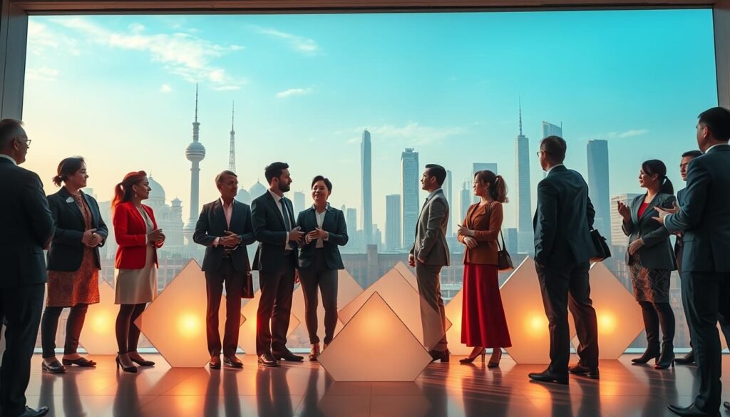 A visually striking representation of cultural diversity, showcasing a blend of traditional and modern elements from various cultures around the world. In the foreground, business professionals in formal attire engage in a vibrant discussion, each reflecting distinct cultural backgrounds through subtle traditional accessories. The middle ground features abstract geometric shapes symbolizing communication strategies, with soft lighting casting a warm ambiance. In the background, iconic landmarks from different cultures fade into a harmonious skyline, illustrating the global connection. The mood is collaborative and innovative, emphasizing the importance of understanding and embracing cultural differences in successful branding. Use a wide-angle lens to capture the depth of the scene, and ensure the colors are rich yet balanced to create a professional yet inviting atmosphere.