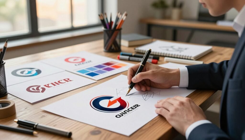 A vivid, highly detailed image of a custom logo design process. In the foreground, showcase a designer at a sleek wooden desk, sketching a unique logo concept on premium paper using an elegant fountain pen. The designer is wearing professional business attire, focused and inspired. In the middle ground, include a mood board displaying various logo designs, color palettes, and typography choices, surrounded by art supplies like markers and sketchbooks. The background features a softly lit studio with large windows allowing warm daylight to filter in, enhancing the creative atmosphere. Use rich, vibrant colors for the logo elements to emphasize creativity and individuality, creating a dynamic, cinematic feel with depth and texture.