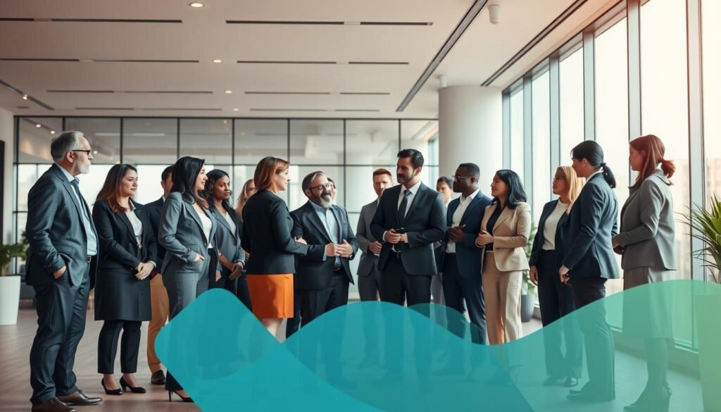 A warm, inviting scene representing the Caregiver archetype in a professional context. In the foreground, a diverse group of individuals dressed in professional business attire, engaging in a supportive discussion, embodying compassion and protection. The middle ground features minimalist abstract geometric shapes symbolizing care and safety, softly blending colors of blue and green. In the background, a modern corporate environment with large windows allowing natural light to flood in, creating an uplifting atmosphere. The lighting is soft and warm, enhancing feelings of comfort and trust. The composition is balanced, reflecting a sense of community and collaboration, perfect for illustrating brand identity focused on care and empathy.