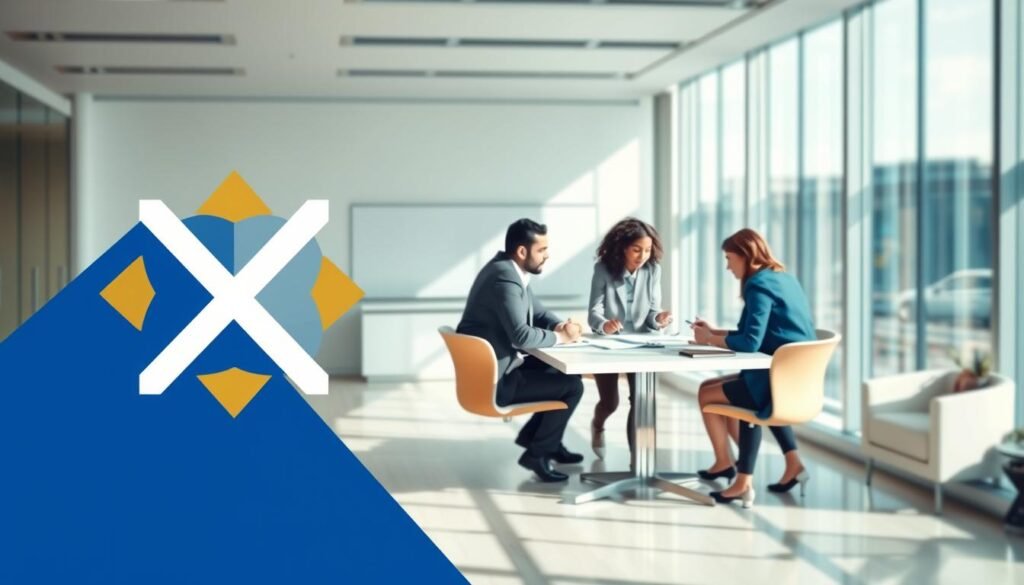 Visualize a professional corporate setting to illustrate "Brand Promise Enhancement Tips." In the foreground, showcase an abstract geometric design symbolizing strength and clarity, with vibrant yet polished colors like deep blue, gold, and white. In the middle ground, depict a diverse group of business professionals, dressed in smart business attire, engaged in a focused discussion around a table filled with brand strategy materials, conveying collaboration and insight. The background features a sleek, modern office environment with large windows allowing natural light to flood the space, creating an uplifting atmosphere. Use soft, diffused lighting to enhance a sense of optimism and professionalism, and capture the scene with a slight wide-angle perspective to emphasize the dynamic interaction.